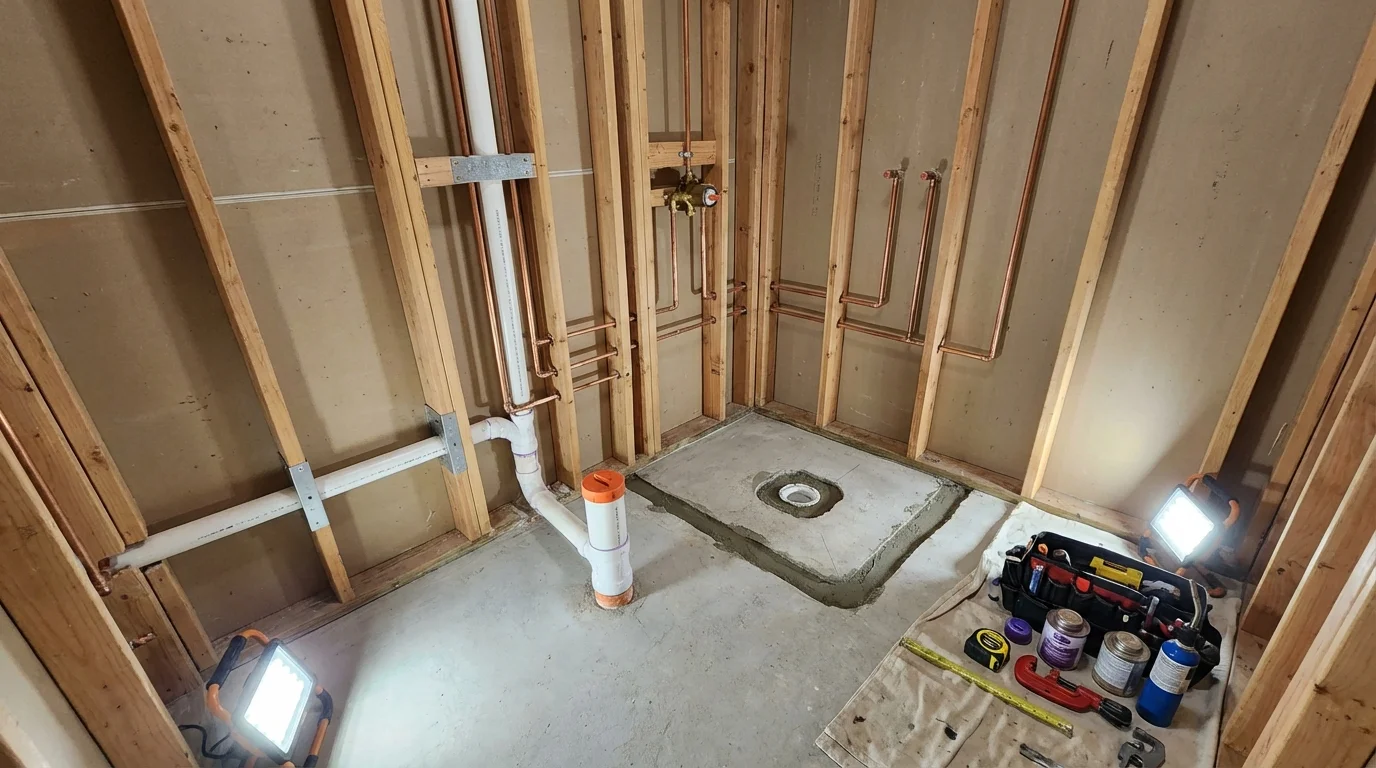 Bathroom rough-in plumbing during remodel by Johns Plumbing LLC in Joshua