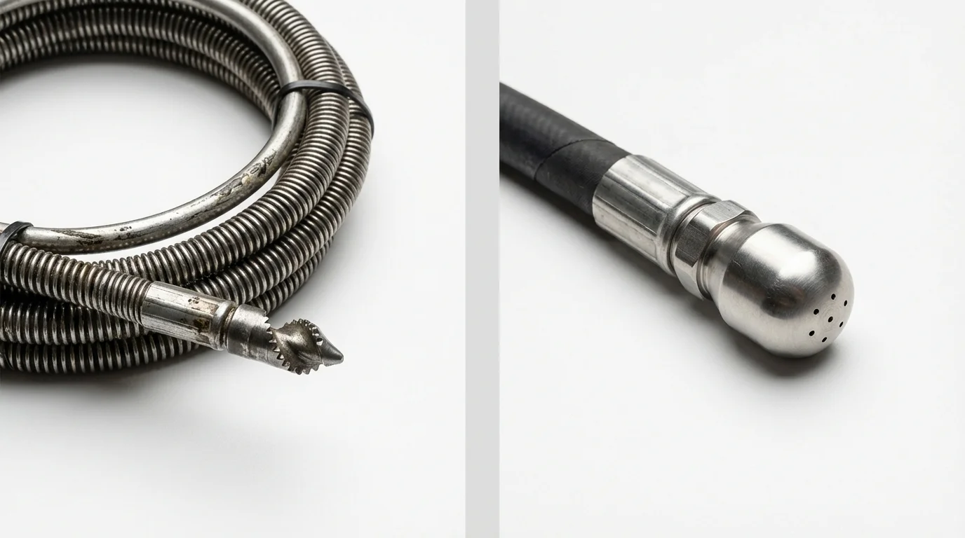 Drain snake cable and hydro jetting nozzle used for drain cleaning in Joshua, TX