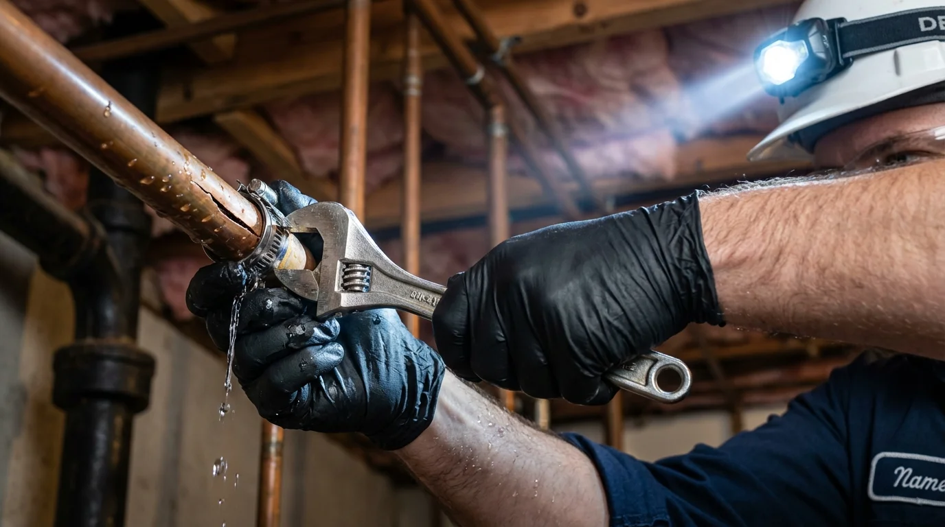 Emergency pipe clamp repair being performed by a Johns Plumbing LLC plumber in Joshua