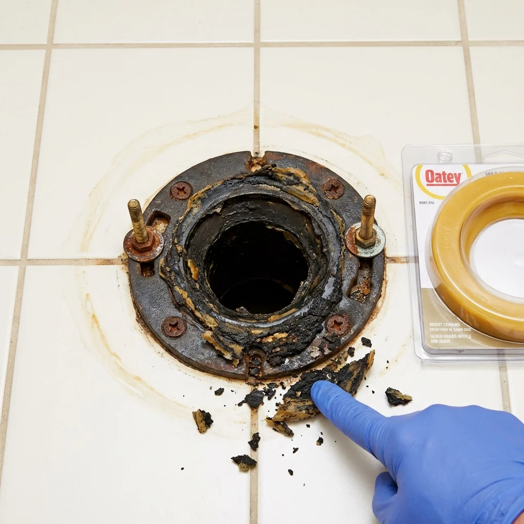 Failed wax ring showing water seepage at the base of a toilet in a Joshua, TX home