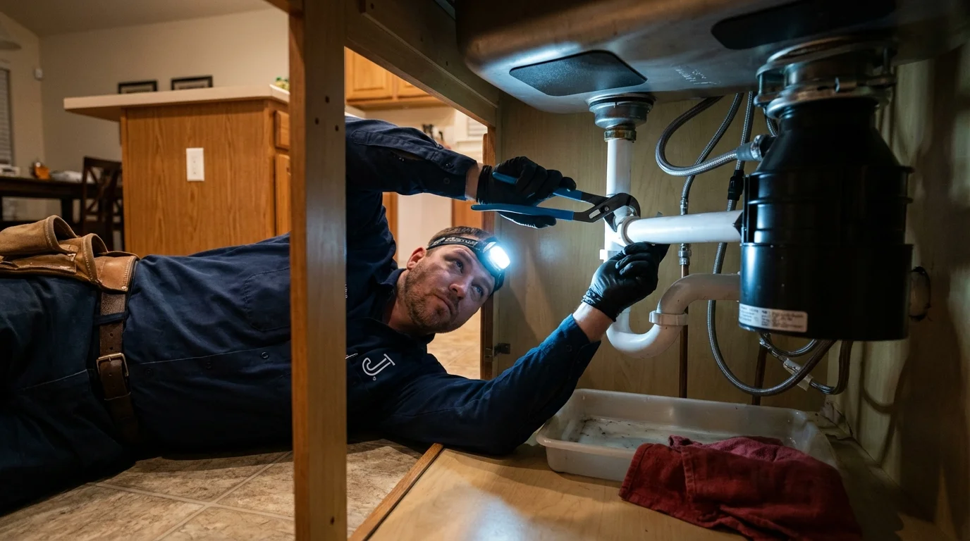 P-trap and supply line connections under a kitchen sink showing a common leak point in Joshua, TX